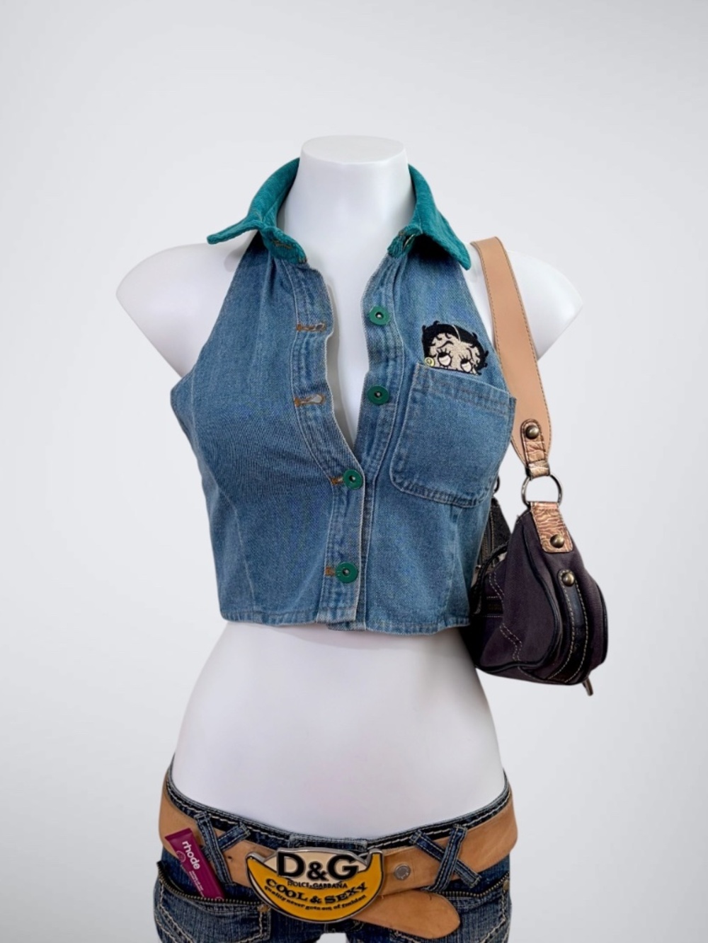 VTG Y2K Betty Boop Denim Halter Top October Studio Corset Lace Up Back